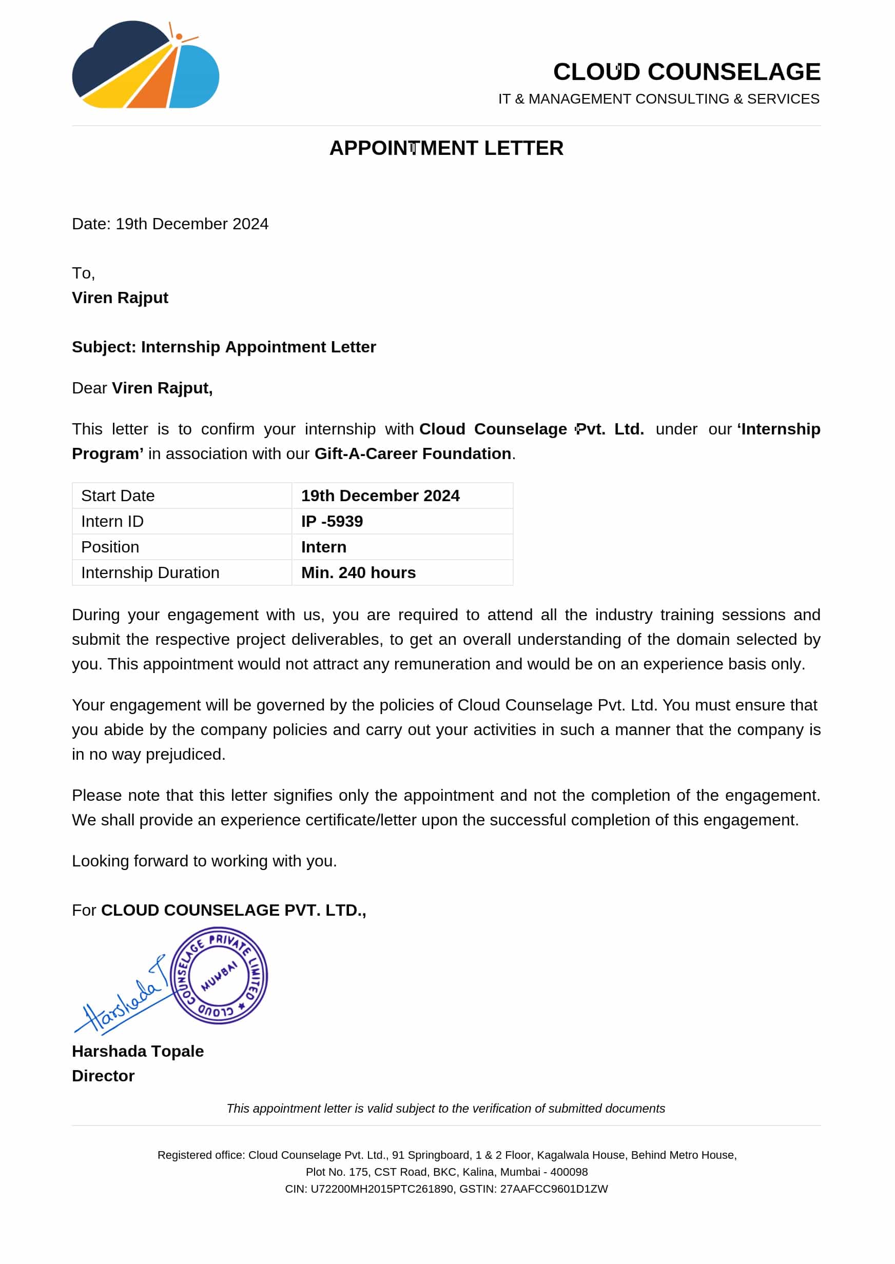 Cloud Counselage Pvt. Ltd. – Internship in Technical Support & IT Operations (20